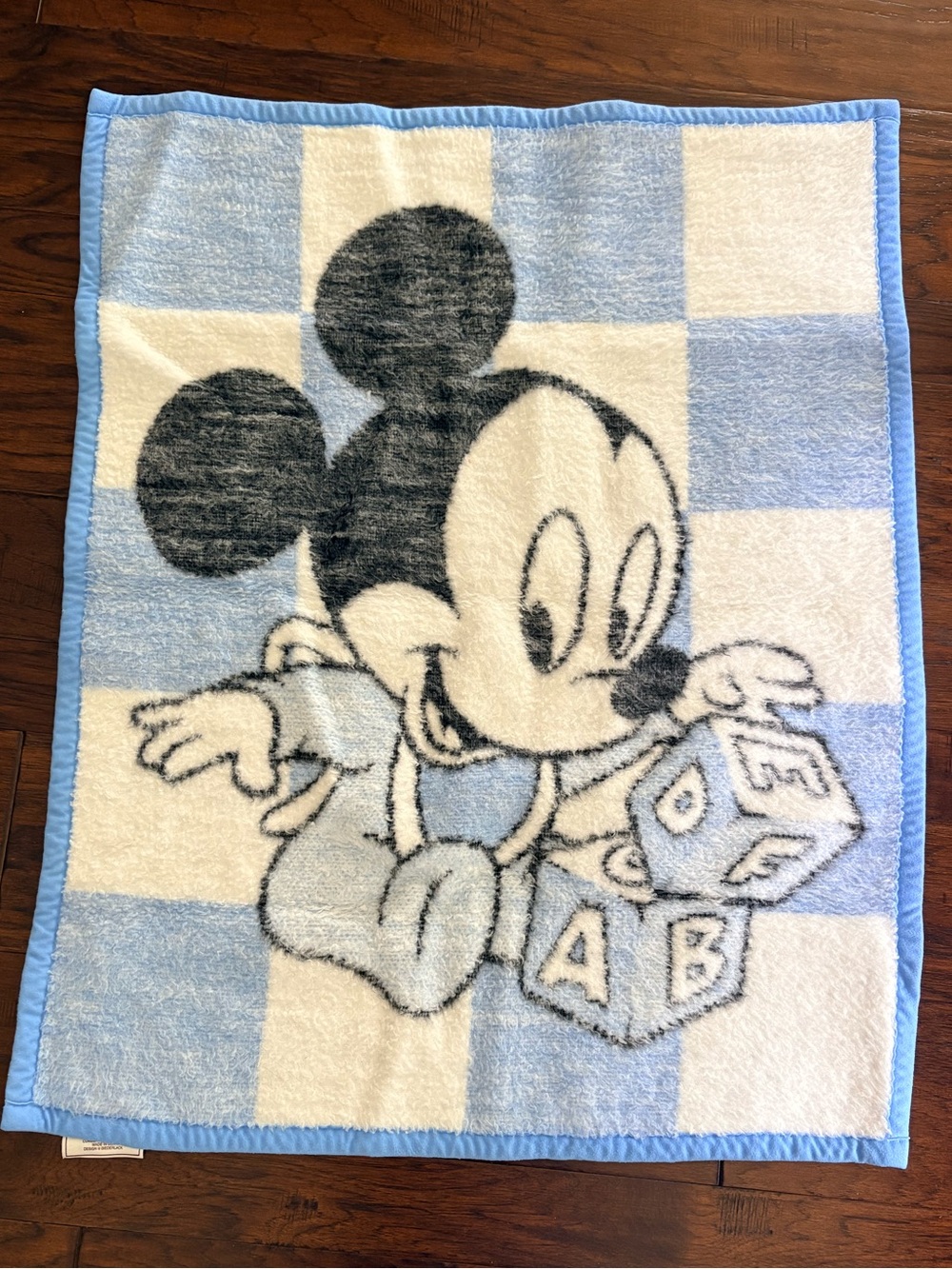 VTG 1984 Biederlack Baby Mickey Mouse Blue and White Plush Blanket 28x36-